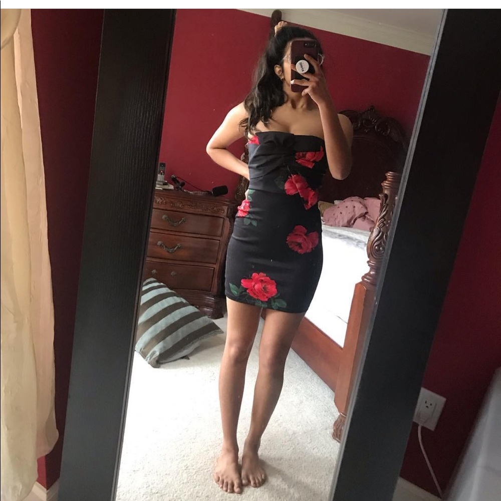 Black mini dress with rose pattern